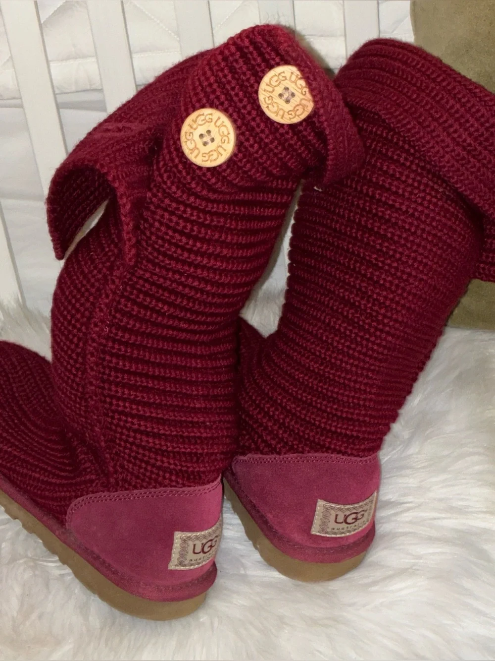 UGG Cardy Knit Boots Womens Burgundy Red Button Tall High Sz 8